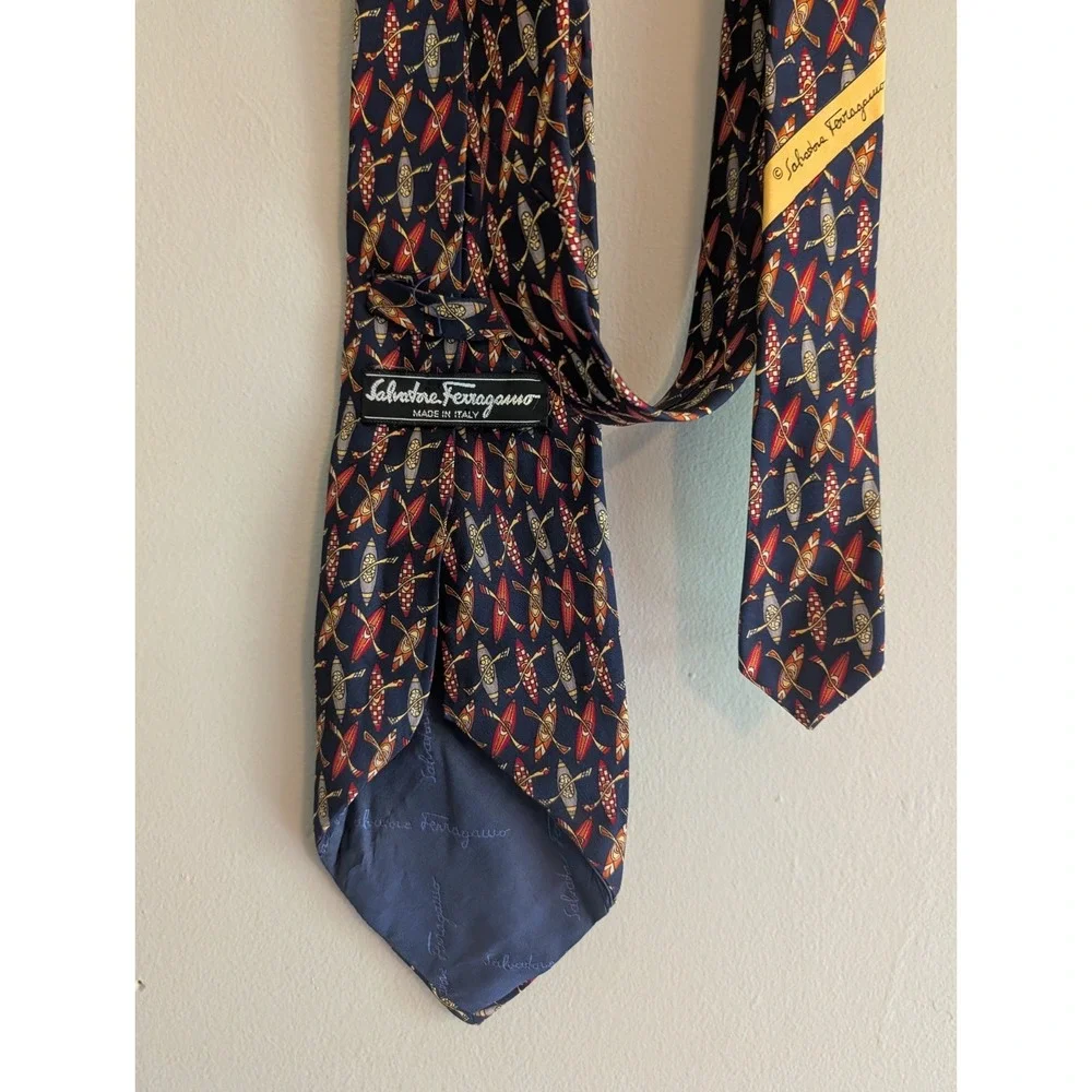Salvatore Ferragamo Mens Silk Tie Navy Kayak Canoe Oar Novelty Italy Boat Water